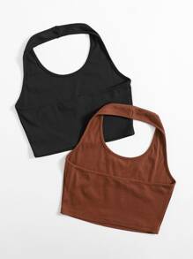 SHEIN EZwear 2 Packs Women Solid Color Halter Top - Multicolor - View 2