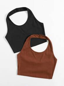 SHEIN EZwear 2 Packs Women Solid Color Halter Top - Multicolor - View 3
