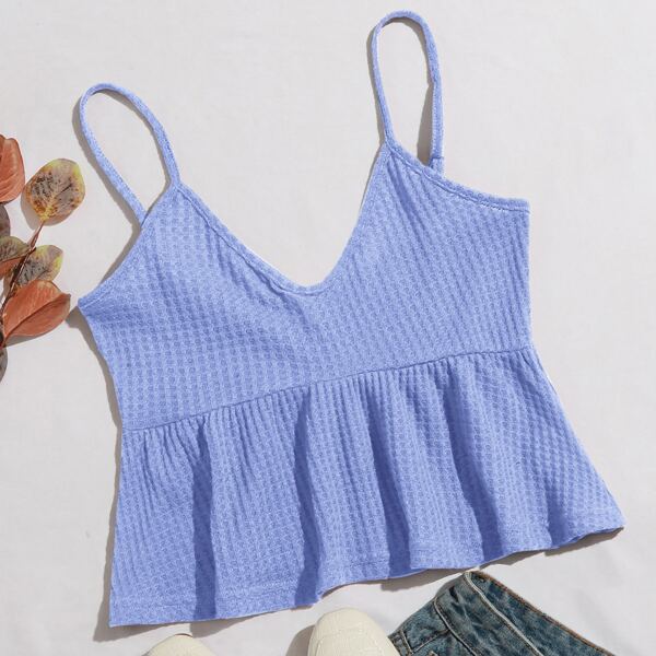 

Ruffle Hem Waffle Knit Cami Top, Blue