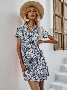 Ditsy Floral Print Button Front Dress - Multicolor - View 1