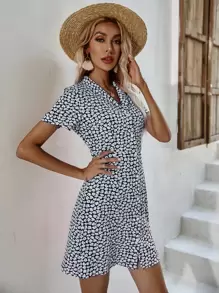 Ditsy Floral Print Button Front Dress - Multicolor - View 3