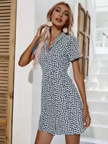 Ditsy Floral Print Button Front Dress - Multicolor - View 4