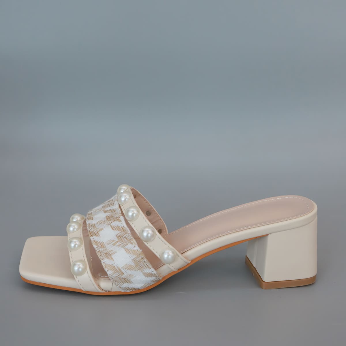 

Faux Pearl Decor Chunky Sandal Mules, Beige