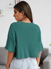 Muchica 落肩素色羅紋針織短版T恤 - 綠色 - 查看 2