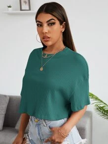 Muchica 落肩素色羅紋針織短版T恤 - 綠色 - 查看 3