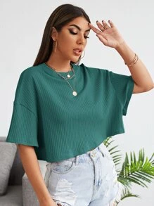 Muchica 落肩素色羅紋針織短版T恤 - 綠色 - 查看 4