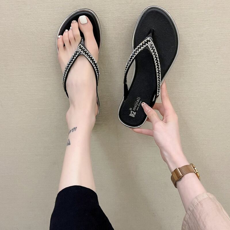 

Rhinestone Decor Thong Sandals, Black
