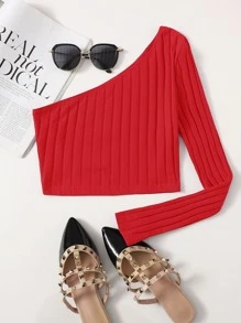 SHEIN EZwear One Shoulder Rib-knit Crop Top - Red - View 1