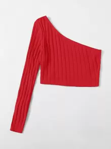 SHEIN EZwear One Shoulder Rib-knit Crop Top - Red - View 2