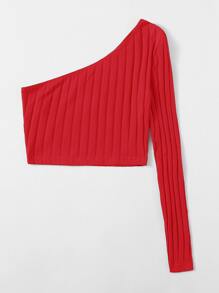 SHEIN EZwear One Shoulder Rib-knit Crop Top - Red - View 4