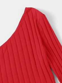 SHEIN EZwear One Shoulder Rib-knit Crop Top - Red - View 5
