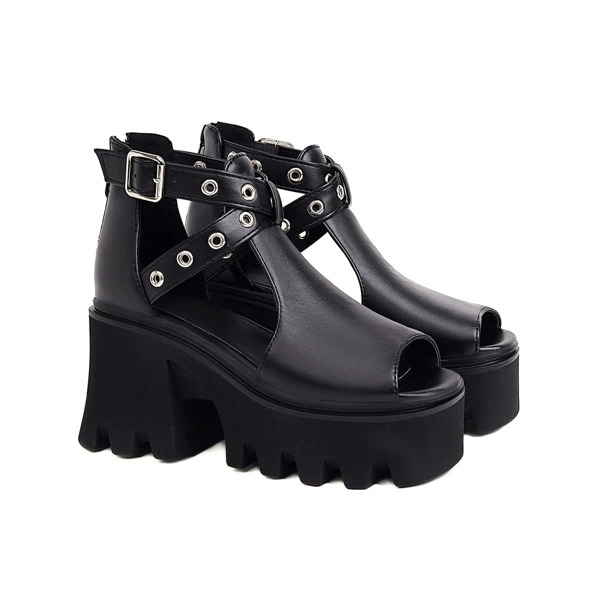 

Eyelet Buckle Decor Peep Toe Heels, Black