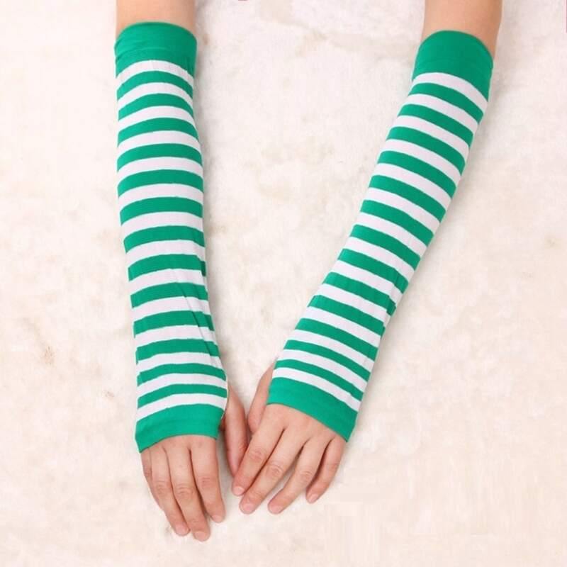 

Striped Long Fingerless Gloves, Green