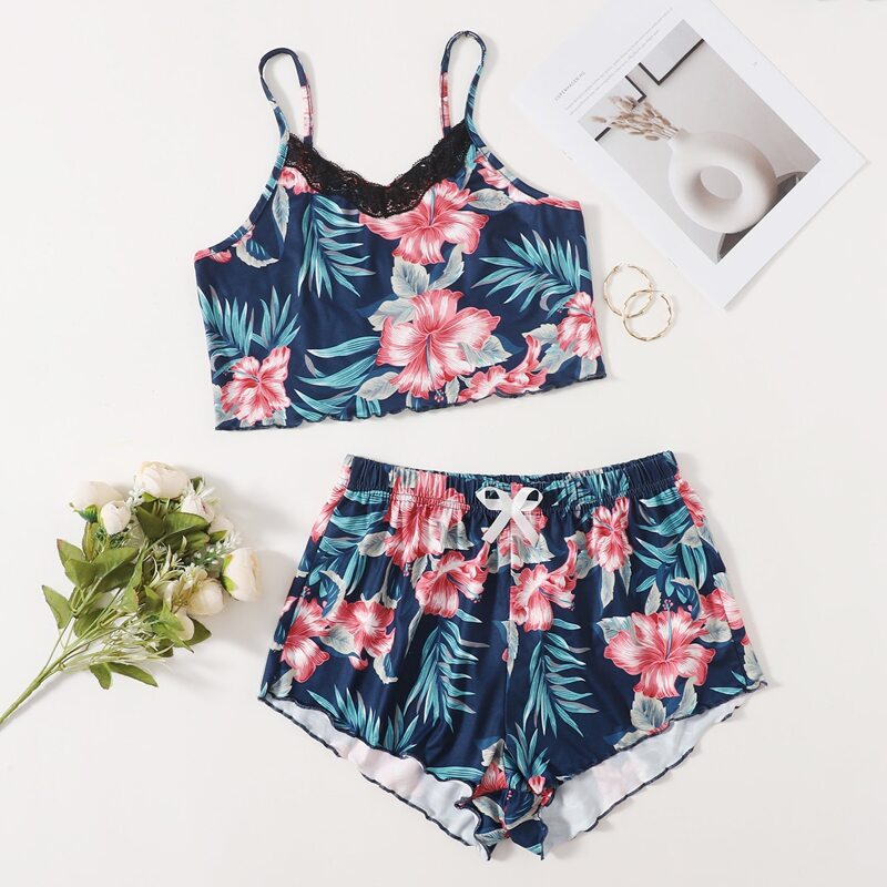 

Tropical Lace Trim Bow Front Lounge Set, Multicolor