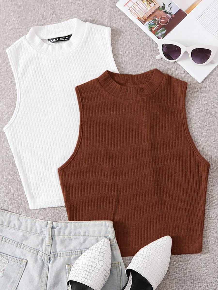SHEIN EZwear 2件組羅紋針織背心上衣 - 彩色 - 查看 1