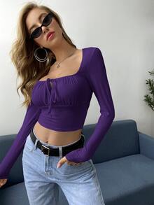 SHEIN Privé Tie Front Ruched Bust Crop Top - Purple - View 5