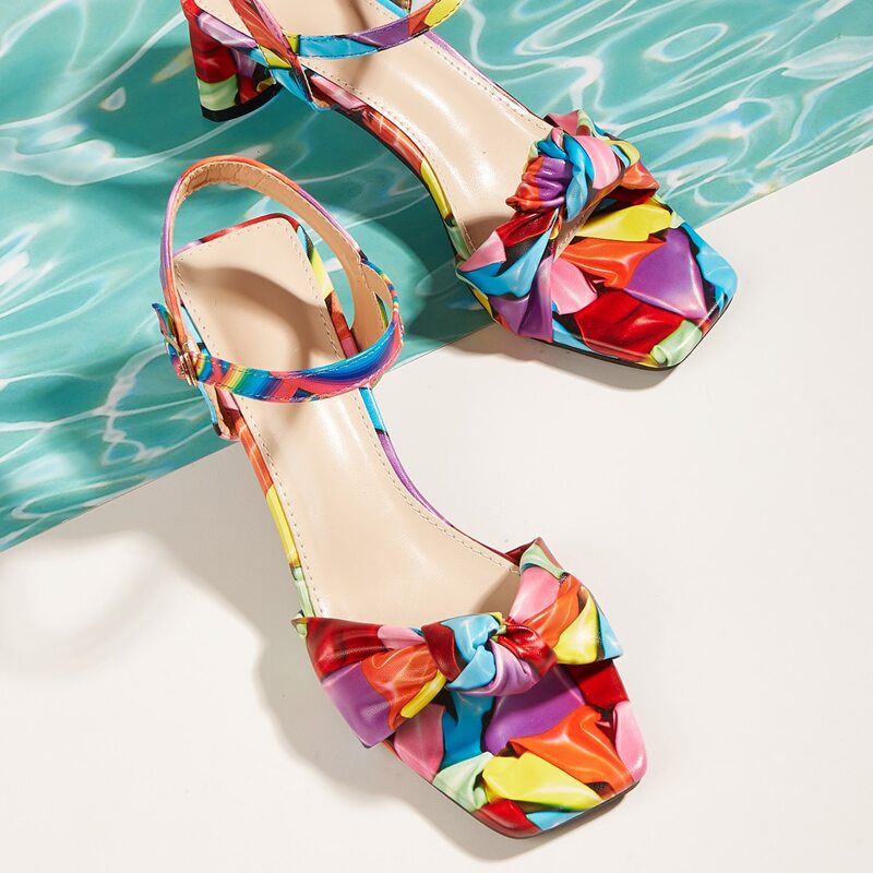 

Bow Decor Ankle Strap Chunky Heeled Sandals, Multicolor