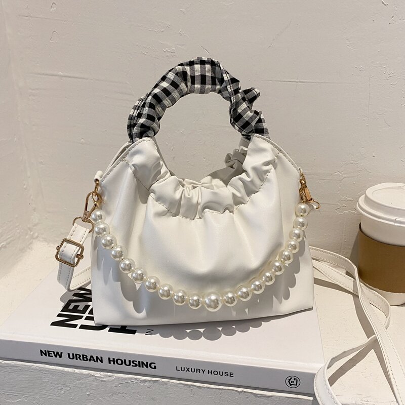 

Faux Pearl Decor Ruched Bag, White