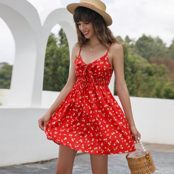 

Daisy Floral Tie Front Cami Dress, Red