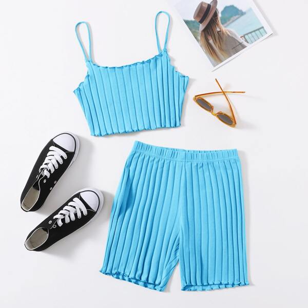 

Lettuce Trim Cami Top & Biker Shorts Set, Mint blue