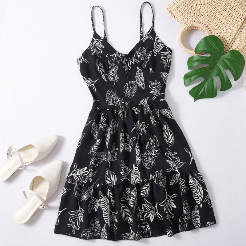 

Leaf Print Cami Dress, Black