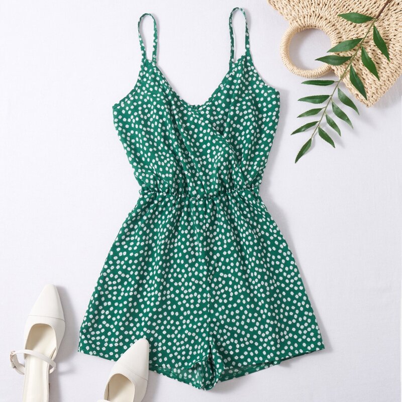 

Ditsy Floral Wrap Cami Romper, Green