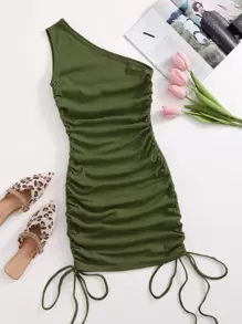 SHEIN BAE 單肩抽褶結飾包臀洋裝 - 軍綠色 - 查看 1