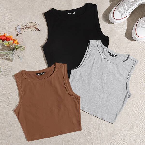 

3pcs Round Neck Tank Top, Multicolor