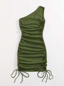 SHEIN BAE 單肩抽褶結飾包臀洋裝 - 軍綠色 - 查看 2
