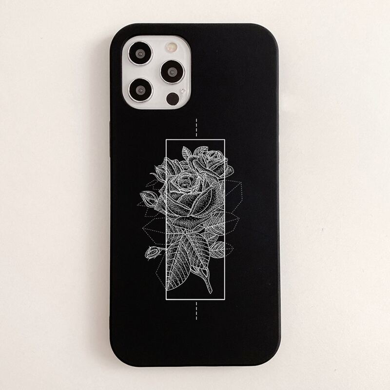 

1pc Flower Graphic Phone Case, Black and white