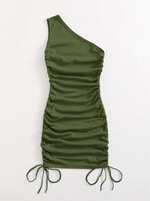 SHEIN BAE 單肩抽褶結飾包臀洋裝 - 軍綠色 - 查看 5