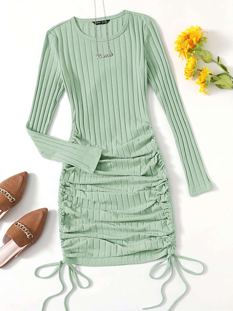 SHEIN EZwear Vestido ajustado con fruncido lateral con cordón - verde menta - Ver 1