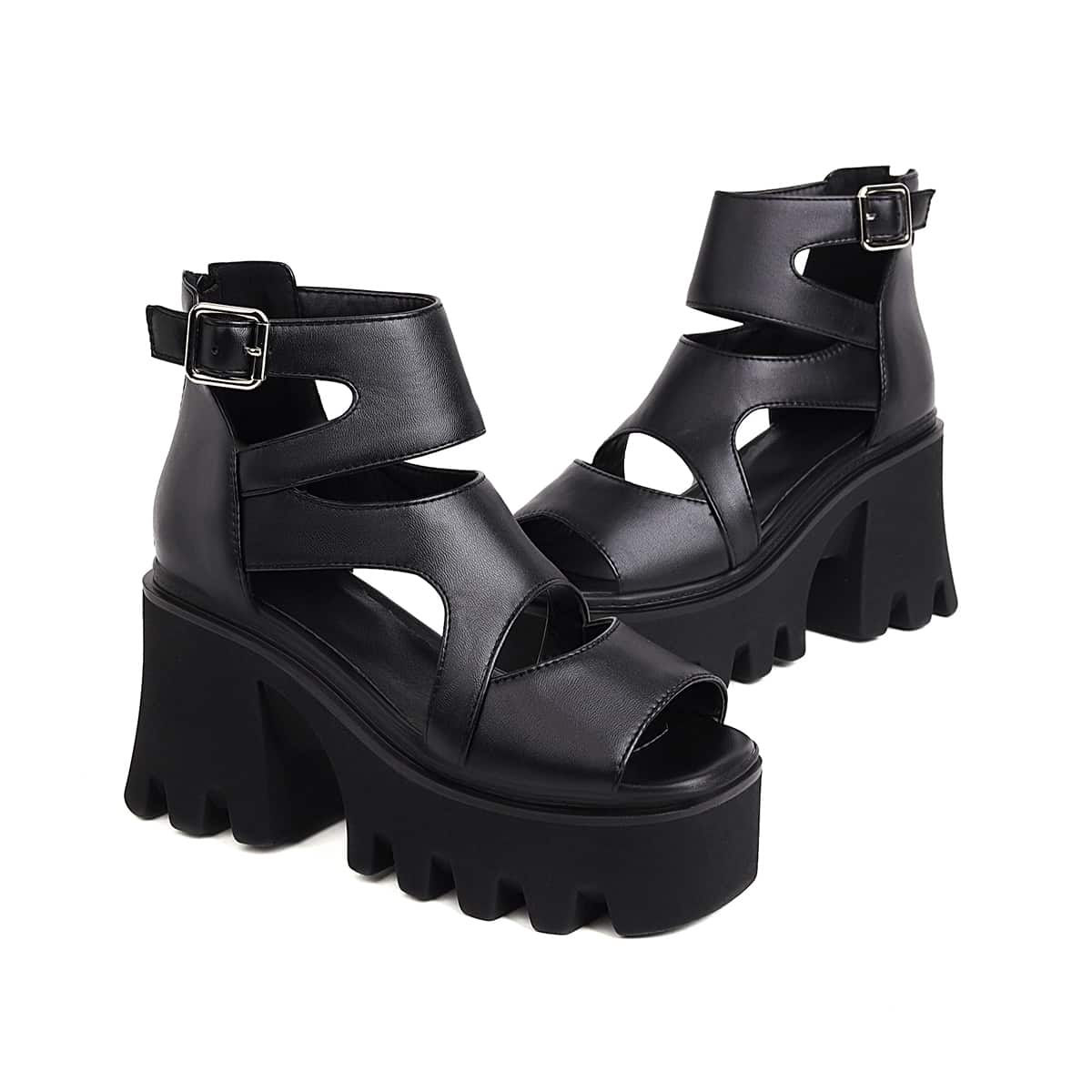 

Buckle Decor Cut Out Platform Chunky Heels, Black