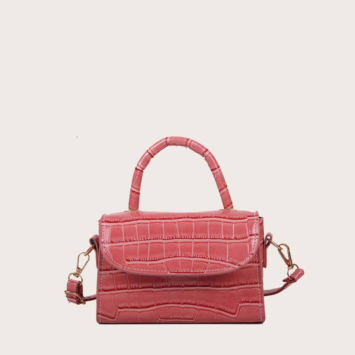 

Croc Embossed Top Handle Satchel Bag, Pink