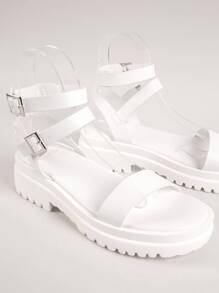 SHUZIA 女鞋白色PU双扣踝带凉鞋女士厚底平底凉鞋夏季鞋春季鞋春假鞋复活节度假鞋休闲鞋沙滩鞋母亲节礼物 - 白色 - 查看 2