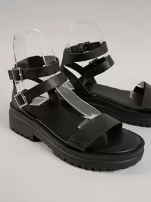 SHUZIA Women Shoes Black Pu Double Buckled Ankle Strap Sandals Women Platform Flat Sandals Summer Shoes Spring Shoes Spring Break Easter Vacation Shoes Casual Shoes Beach Shoes Mother's Day Present