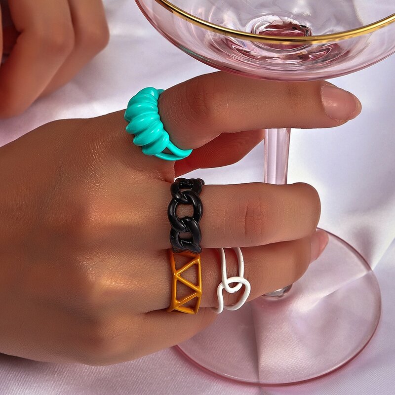 

4pcs Chain Design Ring, Multicolor