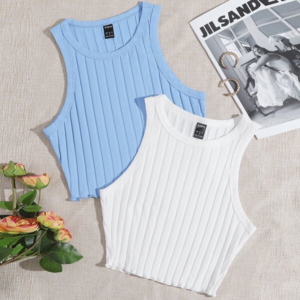 

2 Pack Lettuce Trim Rib-knit Tank Top, Blue and white