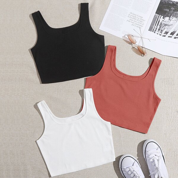 

3 Pack Solid Crop Tank Top, Multicolor