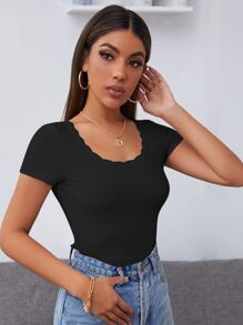 SHEIN Frenchy Camiseta De Punto Acanalado Con Ribete De Encaje - Negro - Ver 1