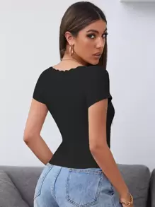 SHEIN Frenchy Camiseta De Punto Acanalado Con Ribete De Encaje - Negro - Ver 2