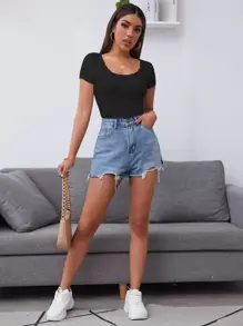 SHEIN Frenchy Camiseta De Punto Acanalado Con Ribete De Encaje - Negro - Ver 3