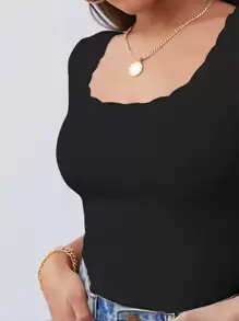 SHEIN Frenchy Camiseta De Punto Acanalado Con Ribete De Encaje - Negro - Ver 4