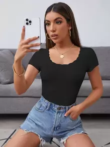 SHEIN Frenchy Camiseta De Punto Acanalado Con Ribete De Encaje - Negro - Ver 5