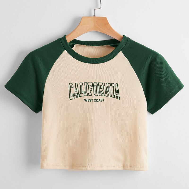 

Letter Embroidery Colorblock Ribbed Tee, Multicolor