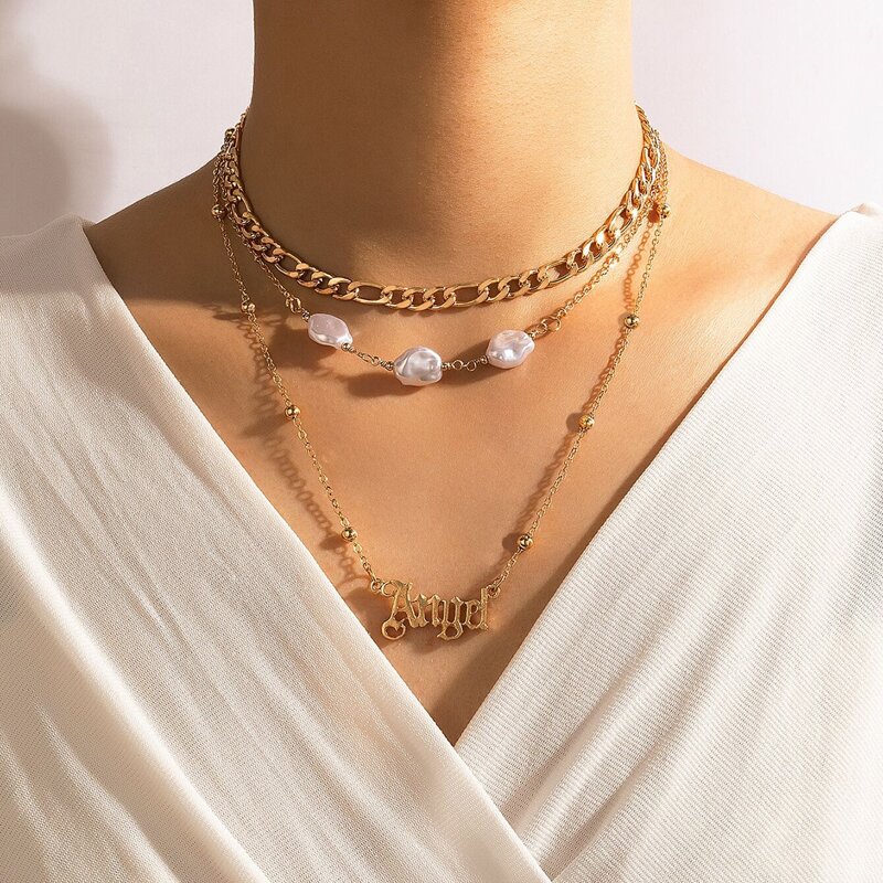 

1pc Faux Pearl Layered Necklace, Gold