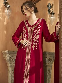 Al Najma Vestido túnico con bordado escote V - Burdeos - Ver 6