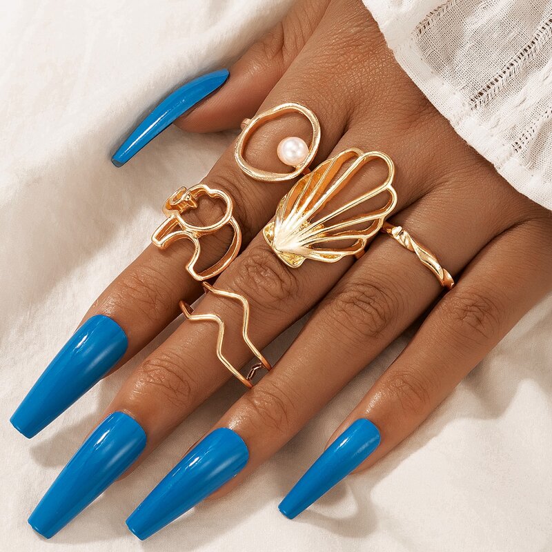 

5pcs Faux Pearl Ring, Gold