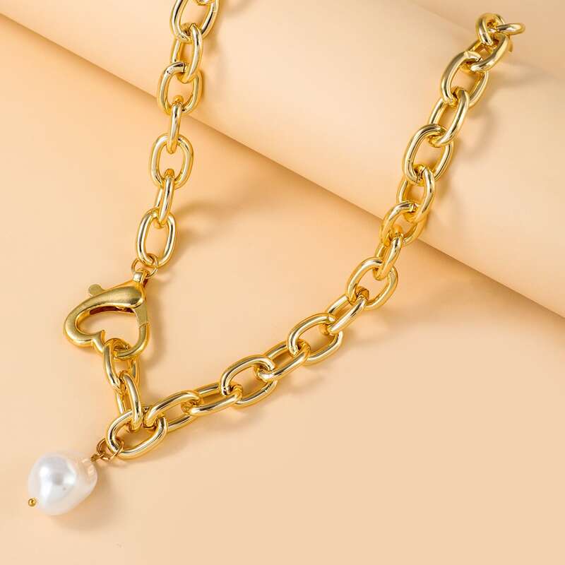 

Faux Pearl Charm Chain Necklace, Gold