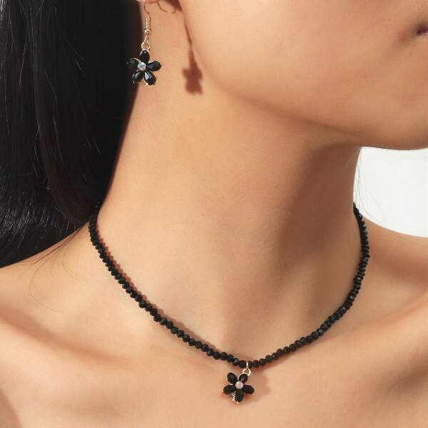 

3pcs Bead Decor Jewelry Set, Black